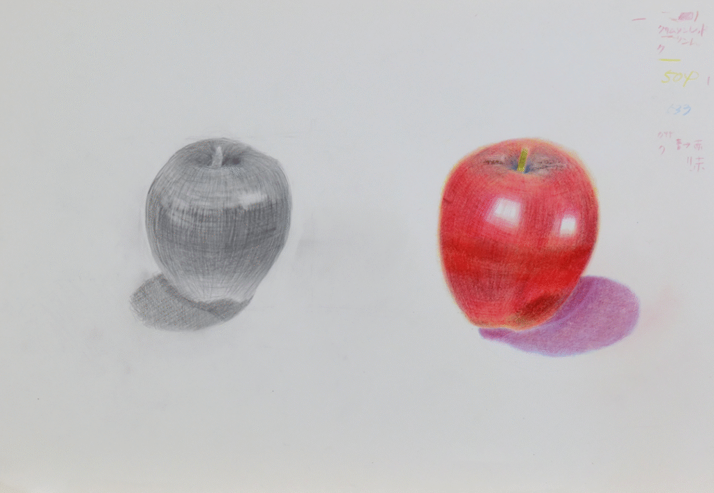 リンゴの絵｜鉛筆・油性色鉛筆｜受講生の作品